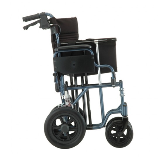 Side view of Blue Nova 22" Heavy Duty Transport Chair with 12" Rear Wheels