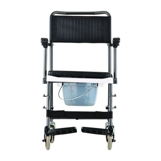 Front View of Black Transport Chair Commode